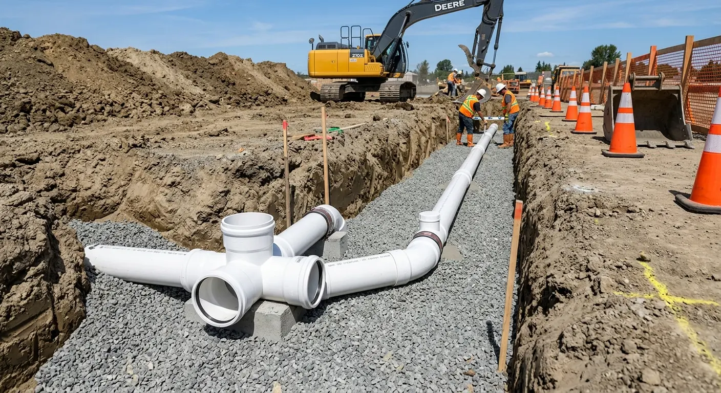 New PVC sewer pipe installation in open trench for Grease Trap Cleaning in Pahrump